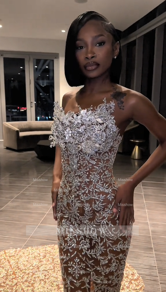 Gorgeous Long Silver Strapless Beaded Mermaid Sleeveless Prom Dress with Rhinestones