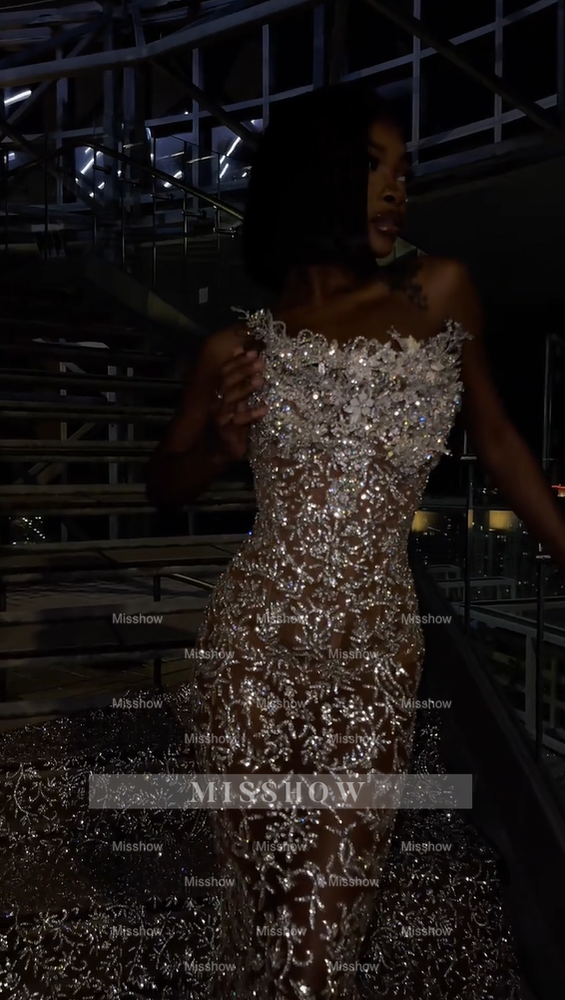 Gorgeous Long Silver Strapless Beaded Mermaid Sleeveless Prom Dress with Rhinestones