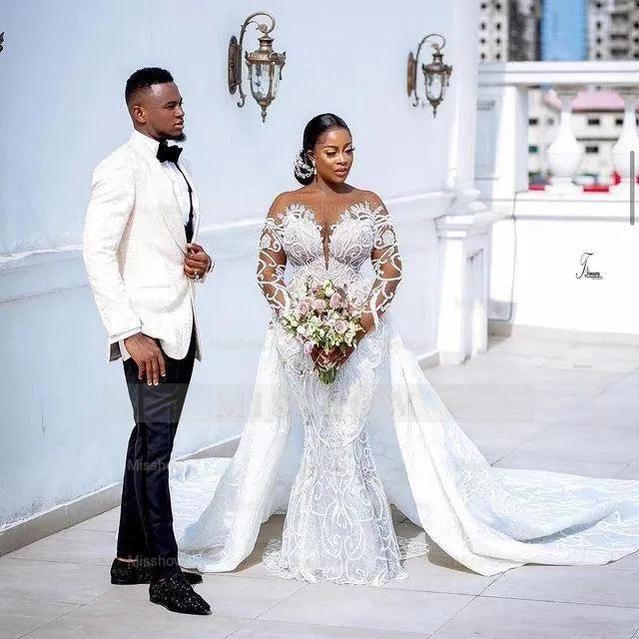 Gorgeous Long White Mermaid Lace Beaded Long Sleeve Wedding Dress with Detachable Train