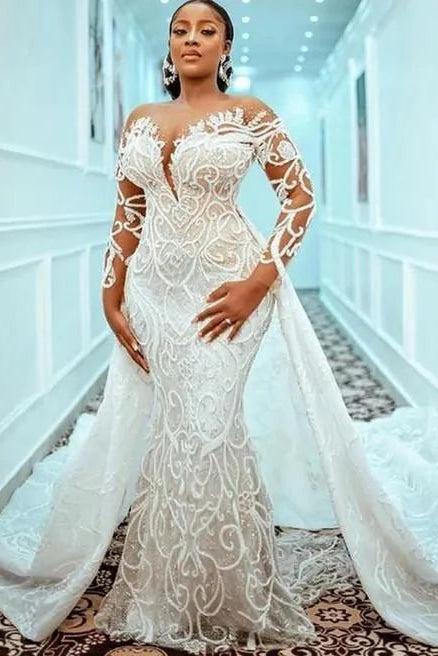 Gorgeous Long White Mermaid Lace Beaded Long Sleeve Wedding Dress with Detachable Train