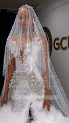 Gorgeous Long White V-neck Sleeveless Mermaid Beaded Wedding Dress with Ruffles and Slit