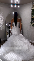 Gorgeous Long White V-neck Sleeveless Mermaid Beaded Wedding Dress with Ruffles and Slit