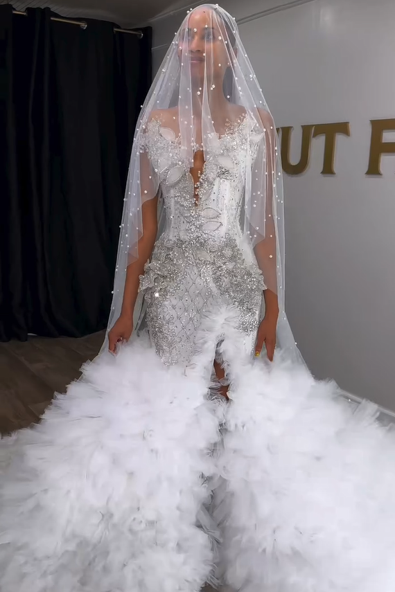 Gorgeous Long White V-neck Sleeveless Mermaid Beaded Wedding Dress with Ruffles and Slit