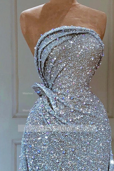 Silver strapless sequin A-line prom dress
