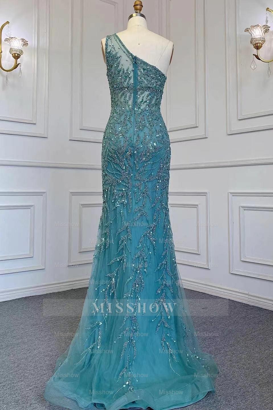 Gorgeous One Shoulder Sleeveless Beading Tulle Formal Dress With Split