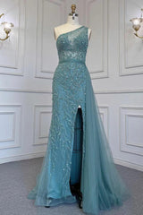 Gorgeous One Shoulder Sleeveless Beading Tulle Formal Dress With Split