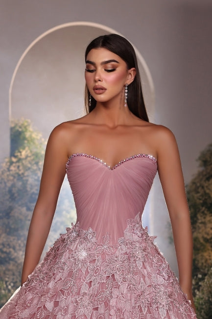 Gorgeous Pink A-Line Sweetheart Beaded Sleeveless Long Tulle Evening Dresses With Appliques And Pearls