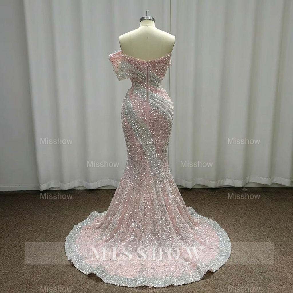 Gorgeous Pink Strapless Mermaid Beaded Sequined Sleeveless Long Evening Dresses With Pearls