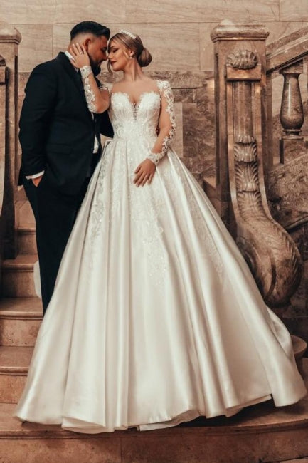 Gorgeous Princess A-line Satin Lace Wedding Dresses With Long Sleeves misshow.com Gorgeous Princess A-line Satin Lace Wedding Dresses With Long Sleeves misshow.com