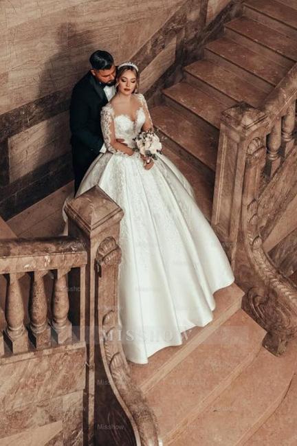 Gorgeous Princess A-line Satin Lace Wedding Dresses With Long Sleeves misshow.com Gorgeous Princess A-line Satin Lace Wedding Dresses With Long Sleeves misshow.com