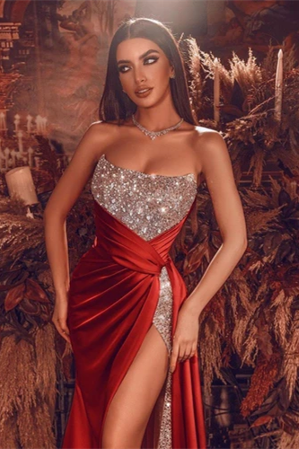 Gorgeous Red Long Evening Dress With Split Long Beads Prom Evening Dresses