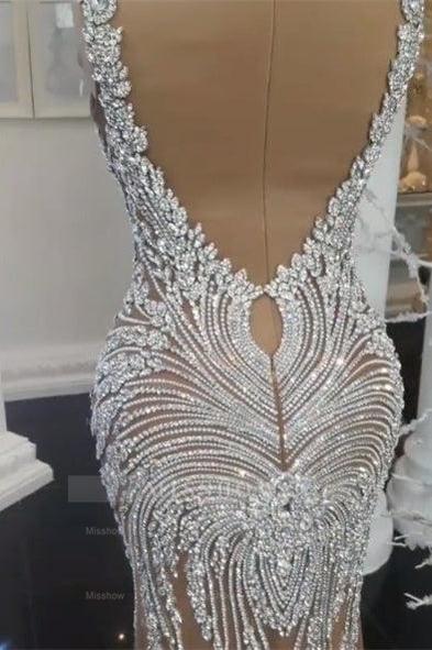 White v-neck rhinestone mermaid wedding dress