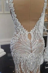 White v-neck rhinestone mermaid wedding dress