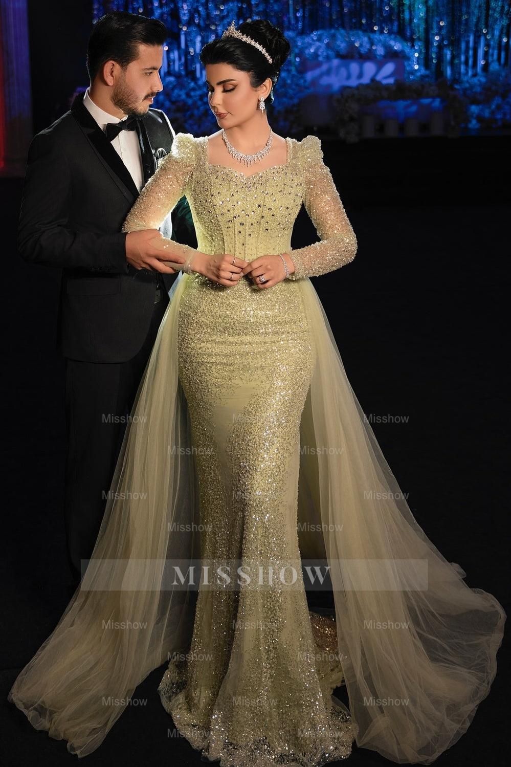 Daffodil square rhinestone mermaid prom dress