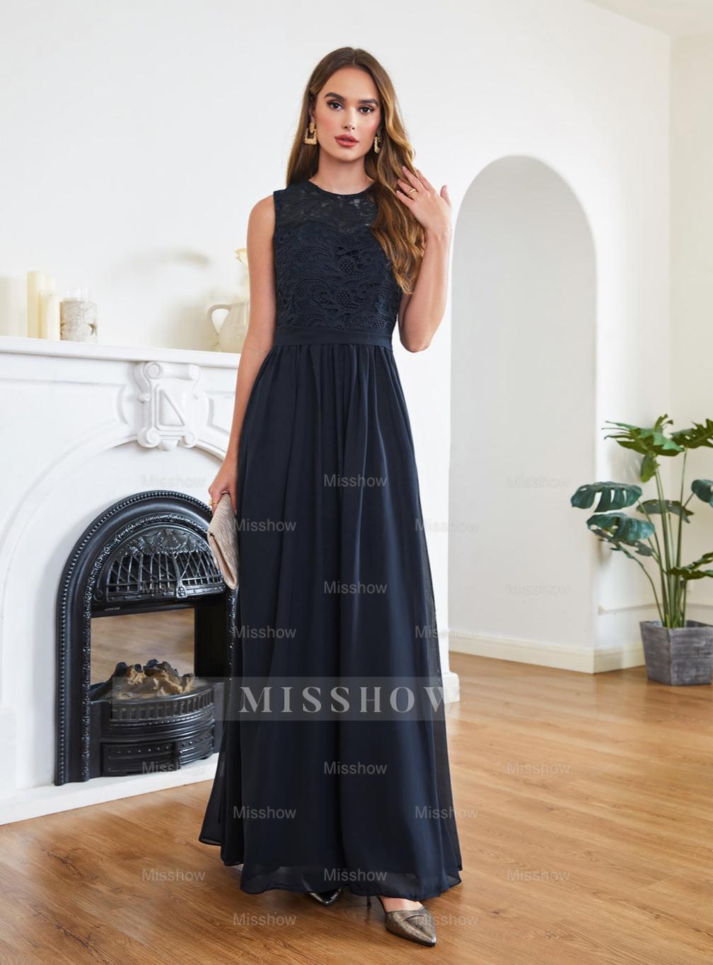 Gorgeous Sheath Crew Sleeveless Lace Top Chiffon Floor Length Dresses Dark Navy / S Gorgeous Sheath Crew Sleeveless Lace Top Chiffon Floor Length Dresses Dark Navy / S
