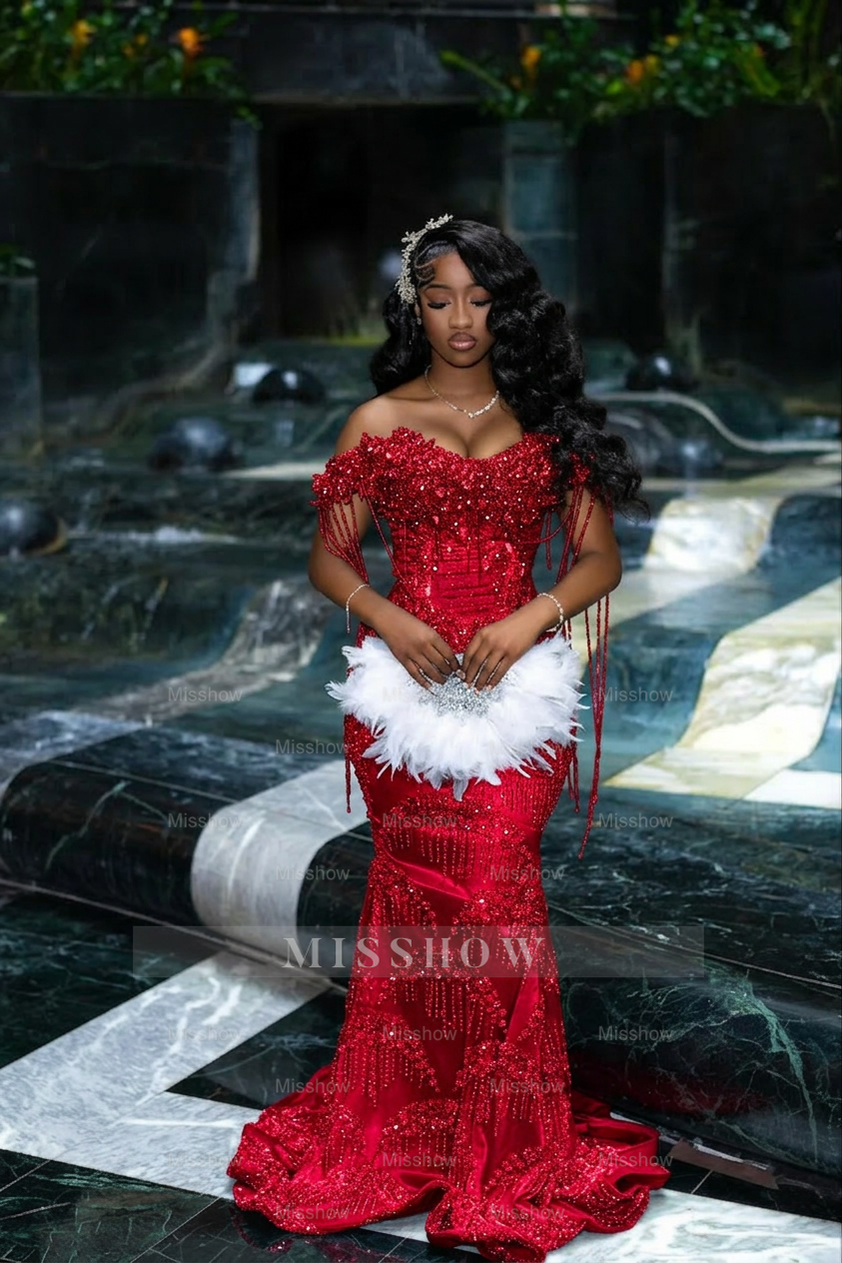 Gorgeous Silver Off-the-Shoulder Sleeveless Mermaid Prom Dress with Tassels and Rhinestones