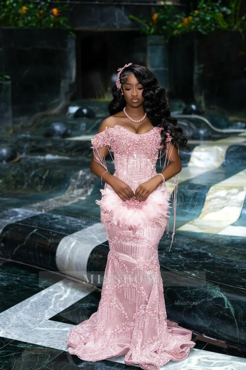 Gorgeous Silver Off-the-Shoulder Sleeveless Mermaid Prom Dress with Tassels and Rhinestones