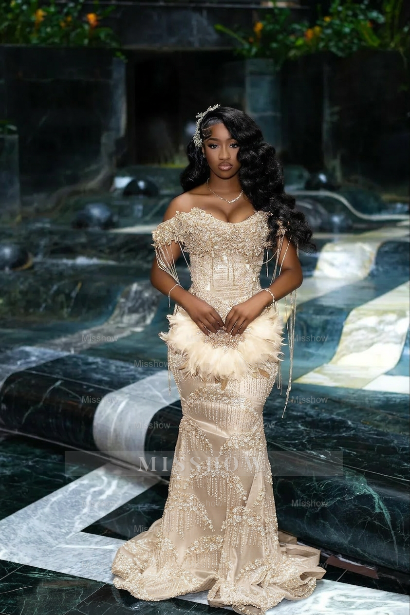 Gorgeous Silver Off-the-Shoulder Sleeveless Mermaid Prom Dress with Tassels and Rhinestones