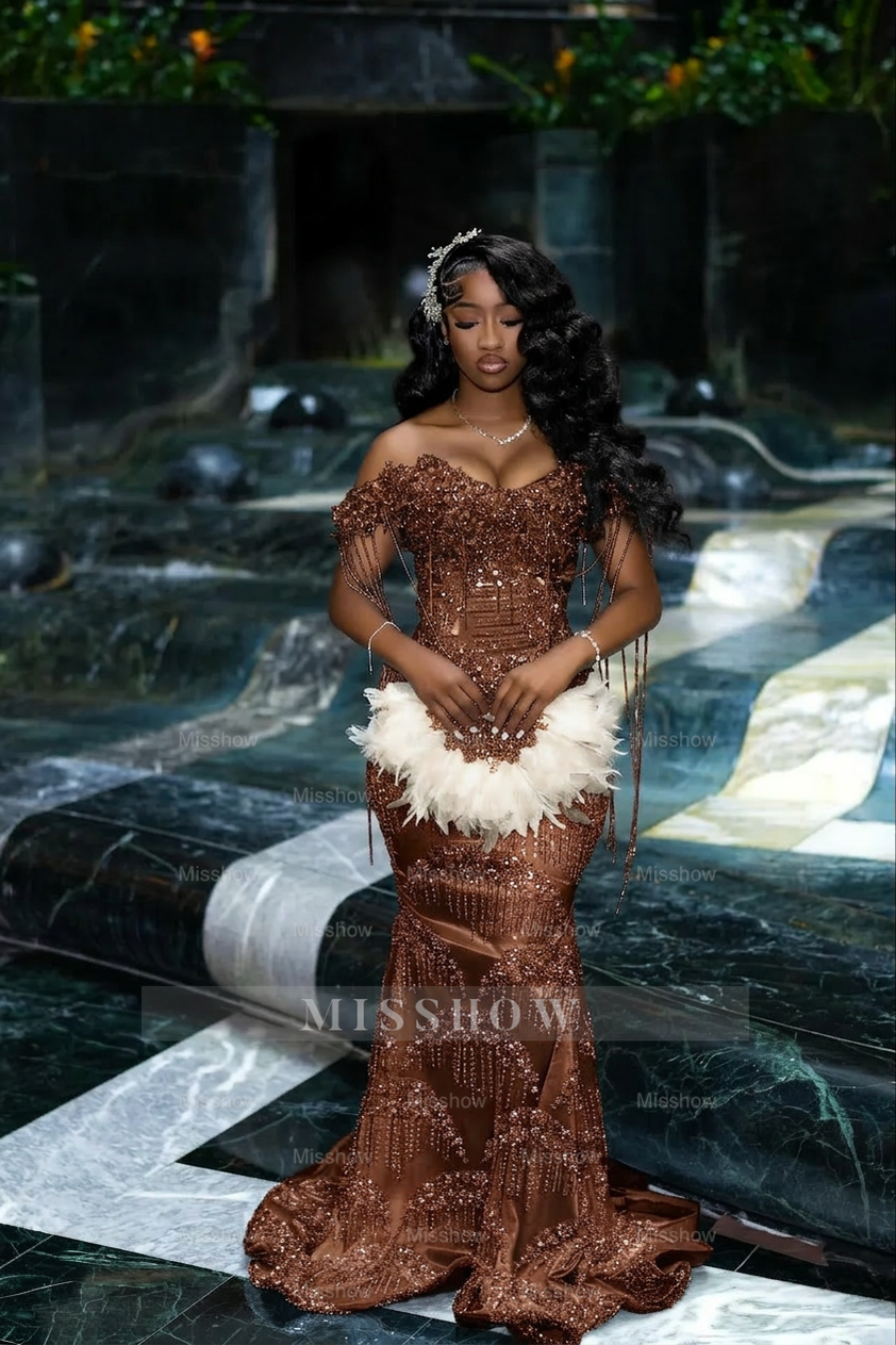 Gorgeous Silver Off-the-Shoulder Sleeveless Mermaid Prom Dress with Tassels and Rhinestones