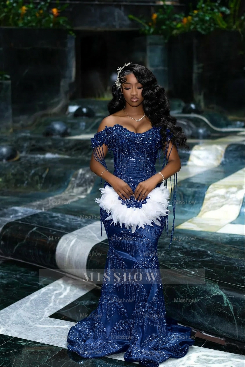 Gorgeous Silver Off-the-Shoulder Sleeveless Mermaid Prom Dress with Tassels and Rhinestones