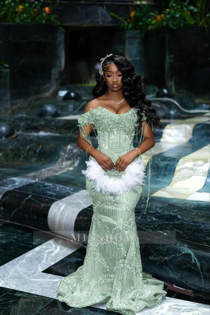 Gorgeous Silver Off-the-Shoulder Sleeveless Mermaid Prom Dress with Tassels and Rhinestones