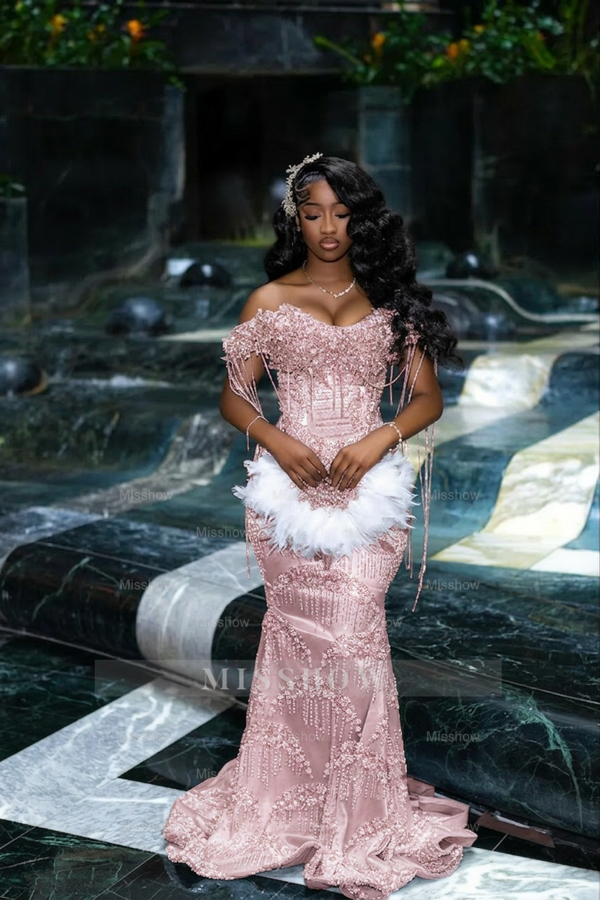 Gorgeous Silver Off-the-Shoulder Sleeveless Mermaid Prom Dress with Tassels and Rhinestones