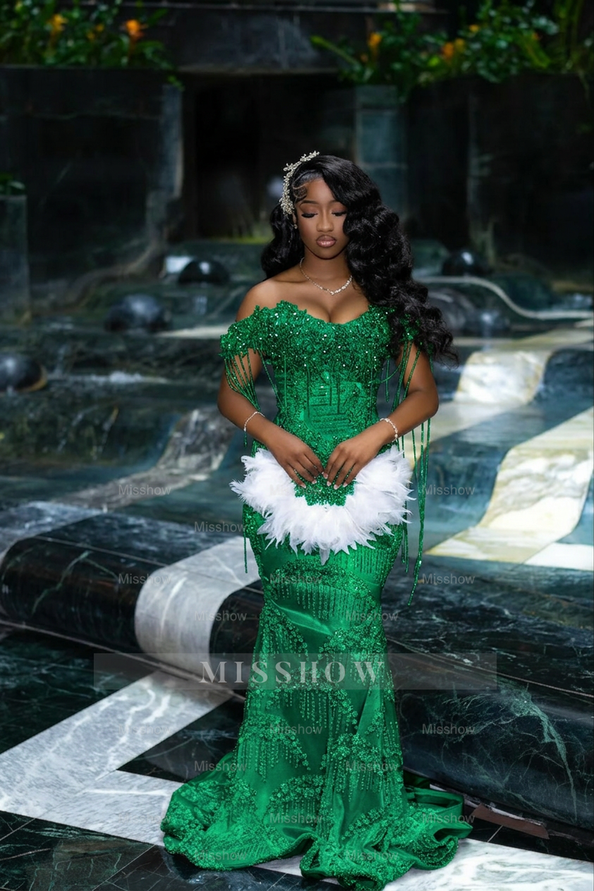 Gorgeous Silver Off-the-Shoulder Sleeveless Mermaid Prom Dress with Tassels and Rhinestones