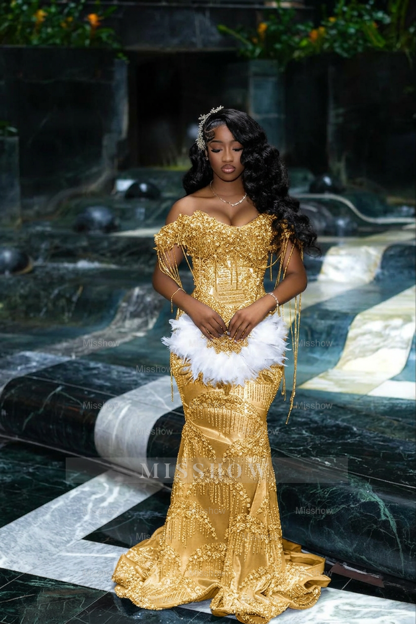 Gorgeous Silver Off-the-Shoulder Sleeveless Mermaid Prom Dress with Tassels and Rhinestones