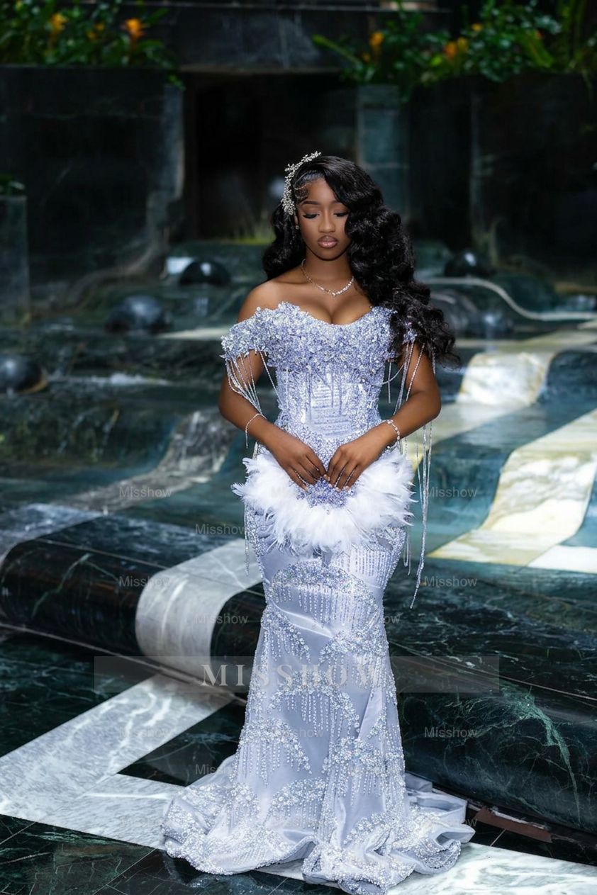 Gorgeous Silver Off-the-Shoulder Sleeveless Mermaid Prom Dress with Tassels and Rhinestones