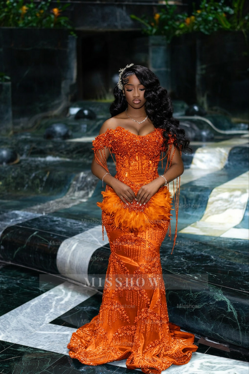 Gorgeous Silver Off-the-Shoulder Sleeveless Mermaid Prom Dress with Tassels and Rhinestones