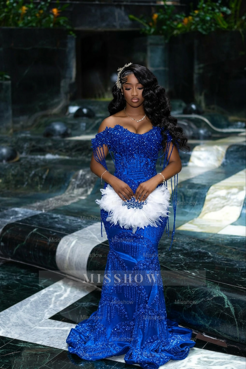 Gorgeous Silver Off-the-Shoulder Sleeveless Mermaid Prom Dress with Tassels and Rhinestones