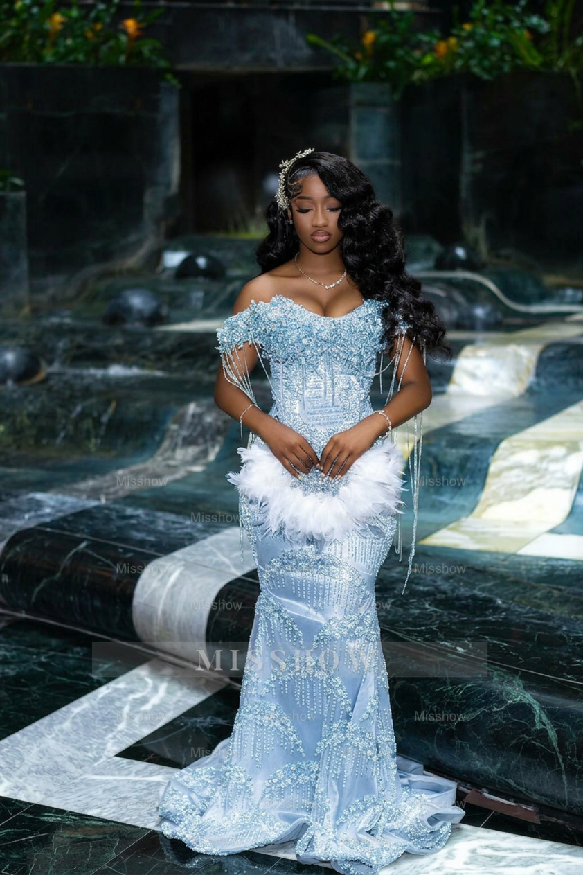 Gorgeous Silver Off-the-Shoulder Sleeveless Mermaid Prom Dress with Tassels and Rhinestones