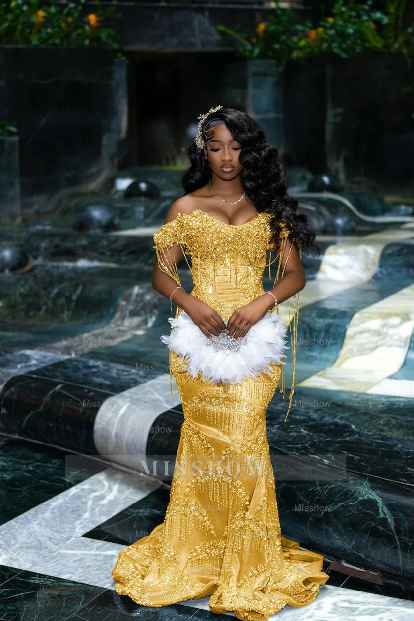 Gorgeous Silver Off-the-Shoulder Sleeveless Mermaid Prom Dress with Tassels and Rhinestones