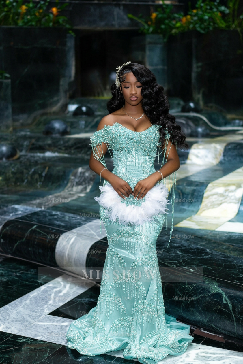Gorgeous Silver Off-the-Shoulder Sleeveless Mermaid Prom Dress with Tassels and Rhinestones