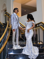 Gorgeous Silver Off-the-Shoulder Sleeveless Mermaid Prom Dress with Tassels and Rhinestones