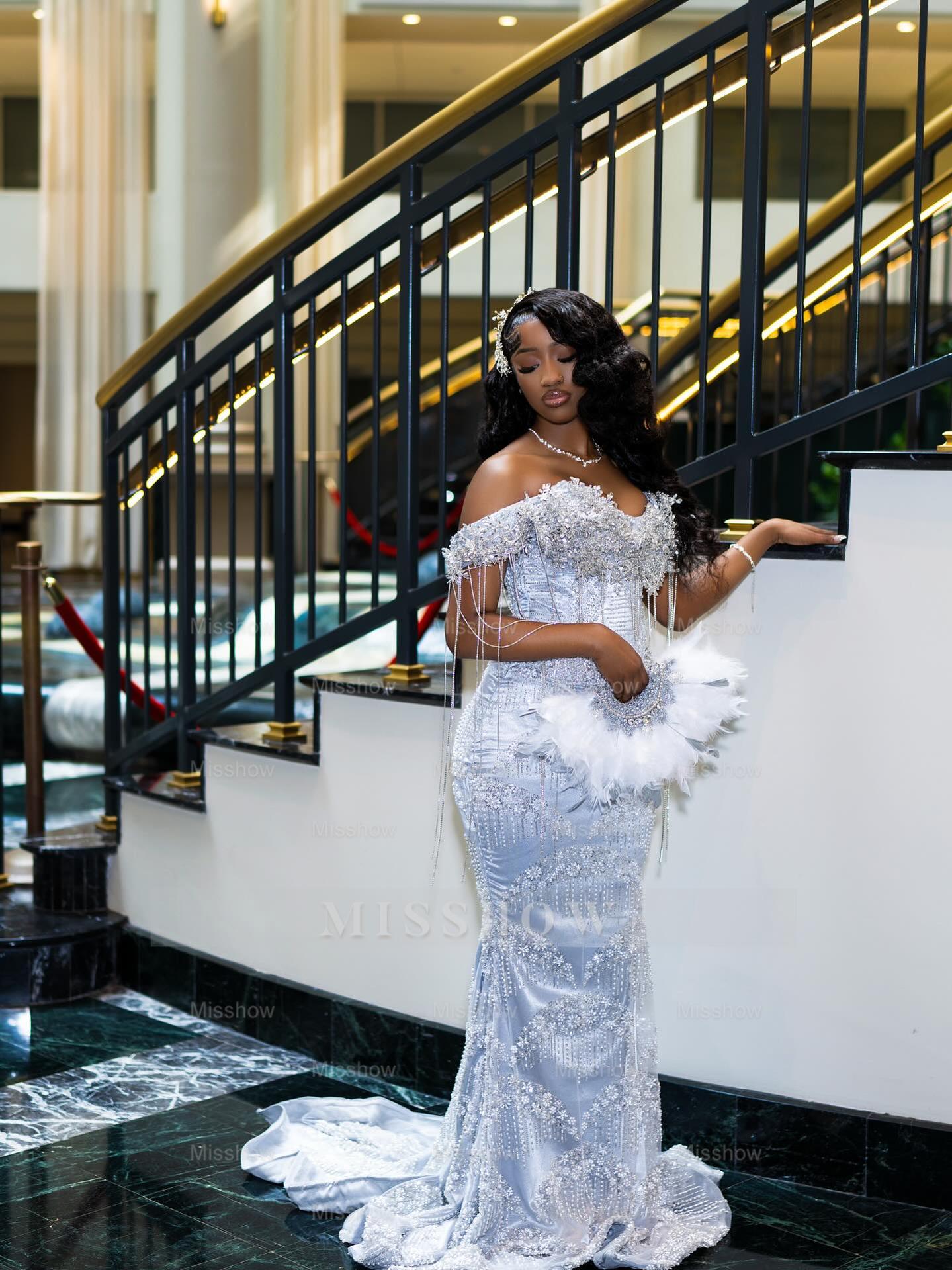Gorgeous Silver Off-the-Shoulder Sleeveless Mermaid Prom Dress with Tassels and Rhinestones