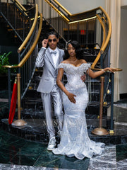 Gorgeous Silver Off-the-Shoulder Sleeveless Mermaid Prom Dress with Tassels and Rhinestones