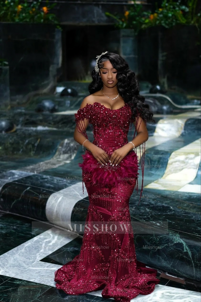 Gorgeous Silver Off-the-Shoulder Sleeveless Mermaid Prom Dress with Tassels and Rhinestones