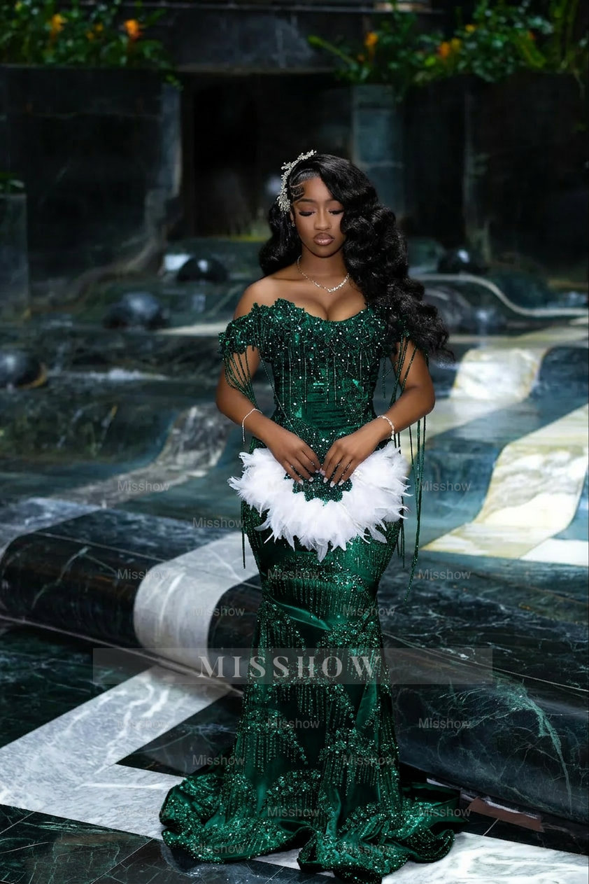 Gorgeous Silver Off-the-Shoulder Sleeveless Mermaid Prom Dress with Tassels and Rhinestones