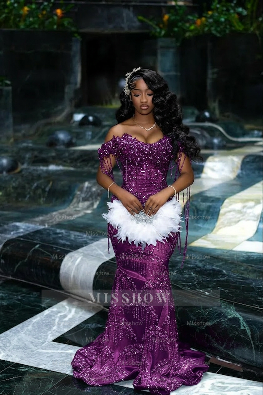 Gorgeous Silver Off-the-Shoulder Sleeveless Mermaid Prom Dress with Tassels and Rhinestones