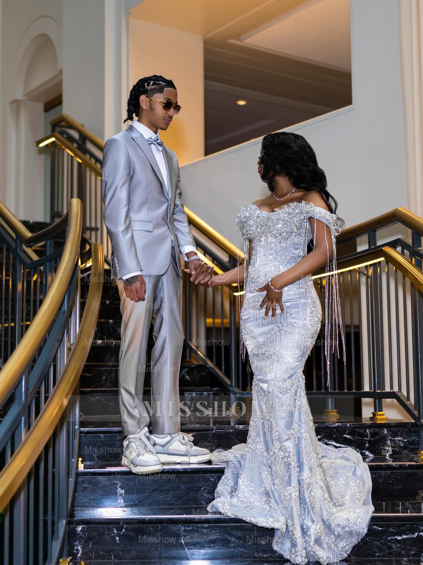 Silver off-the-shoulder rhinestone mermaid prom dress
