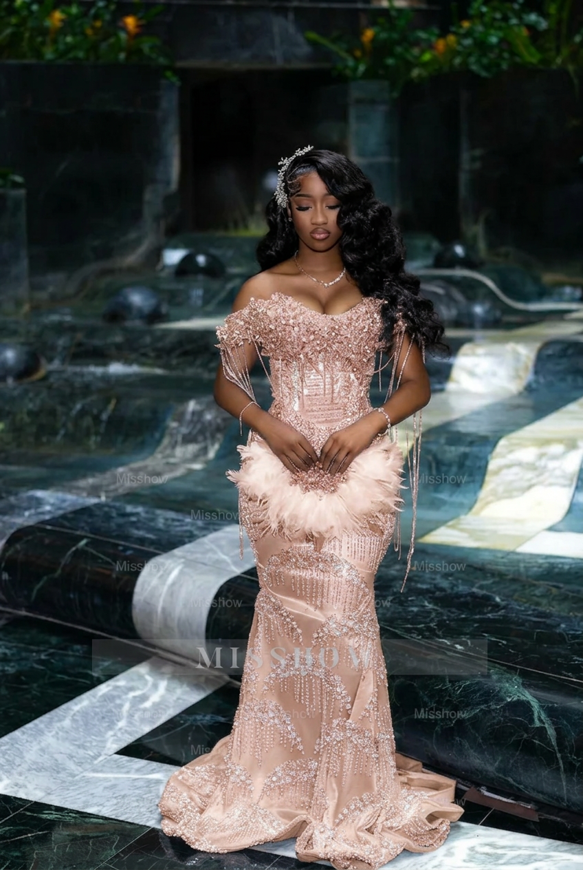 Pearl pink off-the-shoulder rhinestone mermaid prom dress