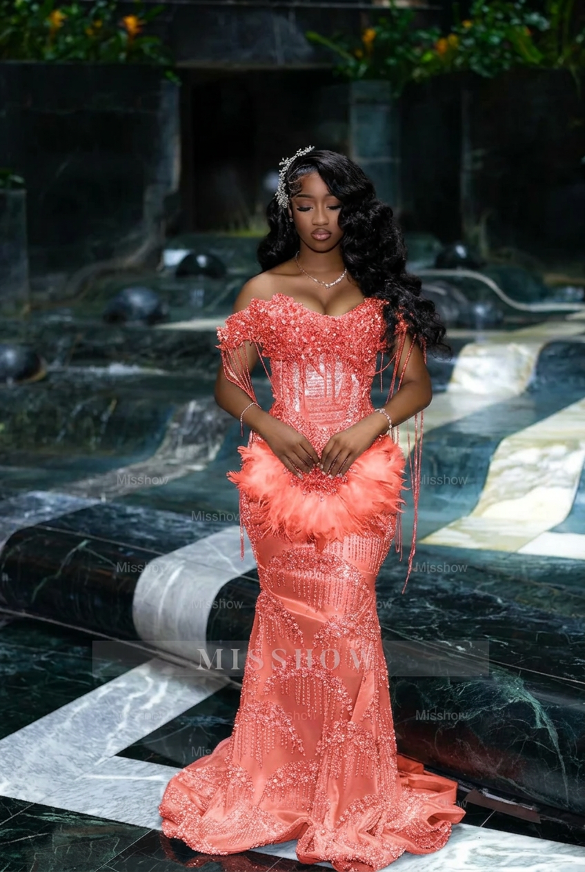 Coral off-the-shoulder rhinestone mermaid prom dress
