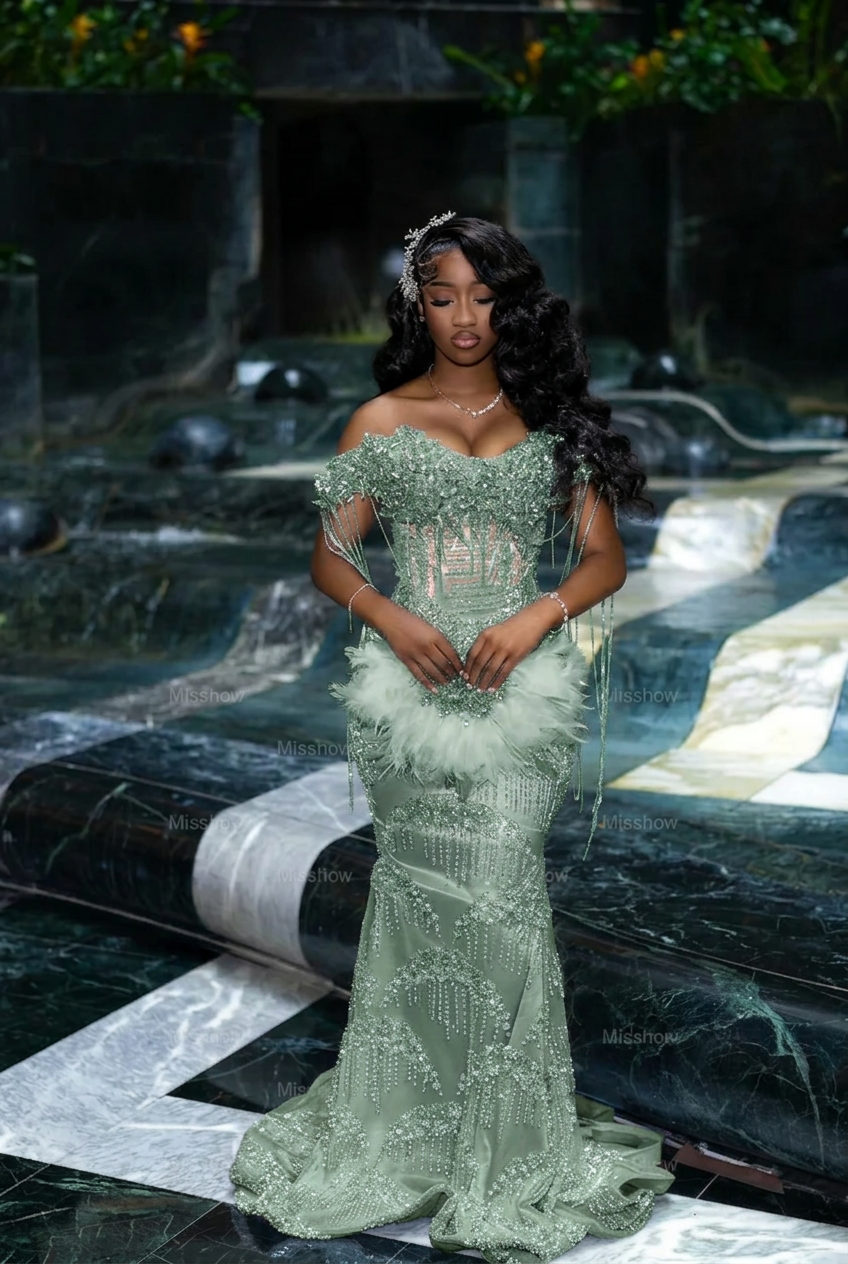 Dusty sage off-the-shoulder rhinestone mermaid prom dress