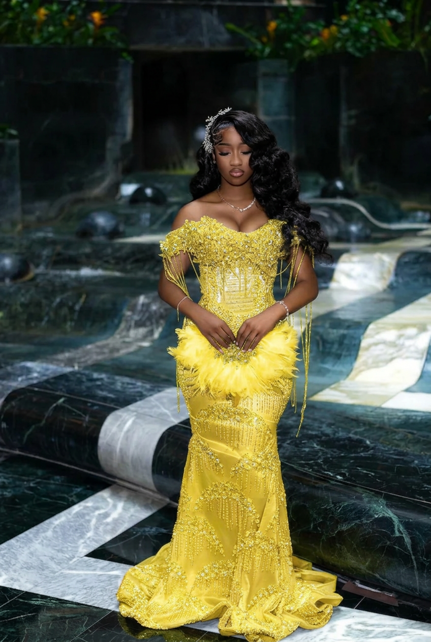 Yellow off-the-shoulder rhinestone mermaid prom dress
