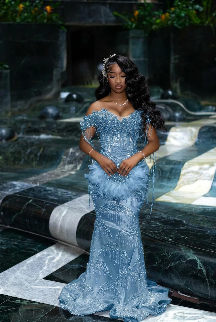 Dusty blue off-the-shoulder rhinestone mermaid prom dress