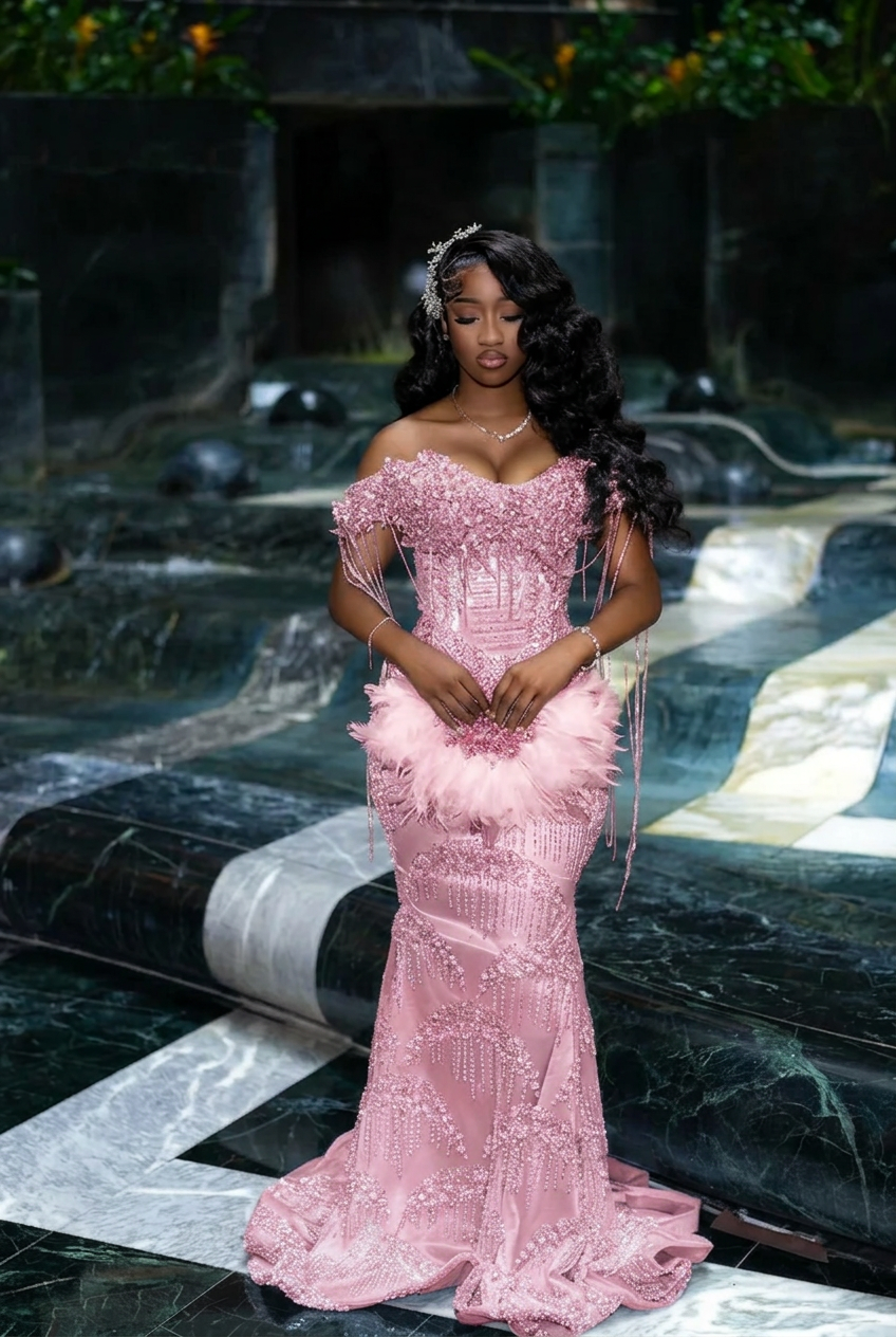 Candy pink off-the-shoulder rhinestone mermaid prom dress