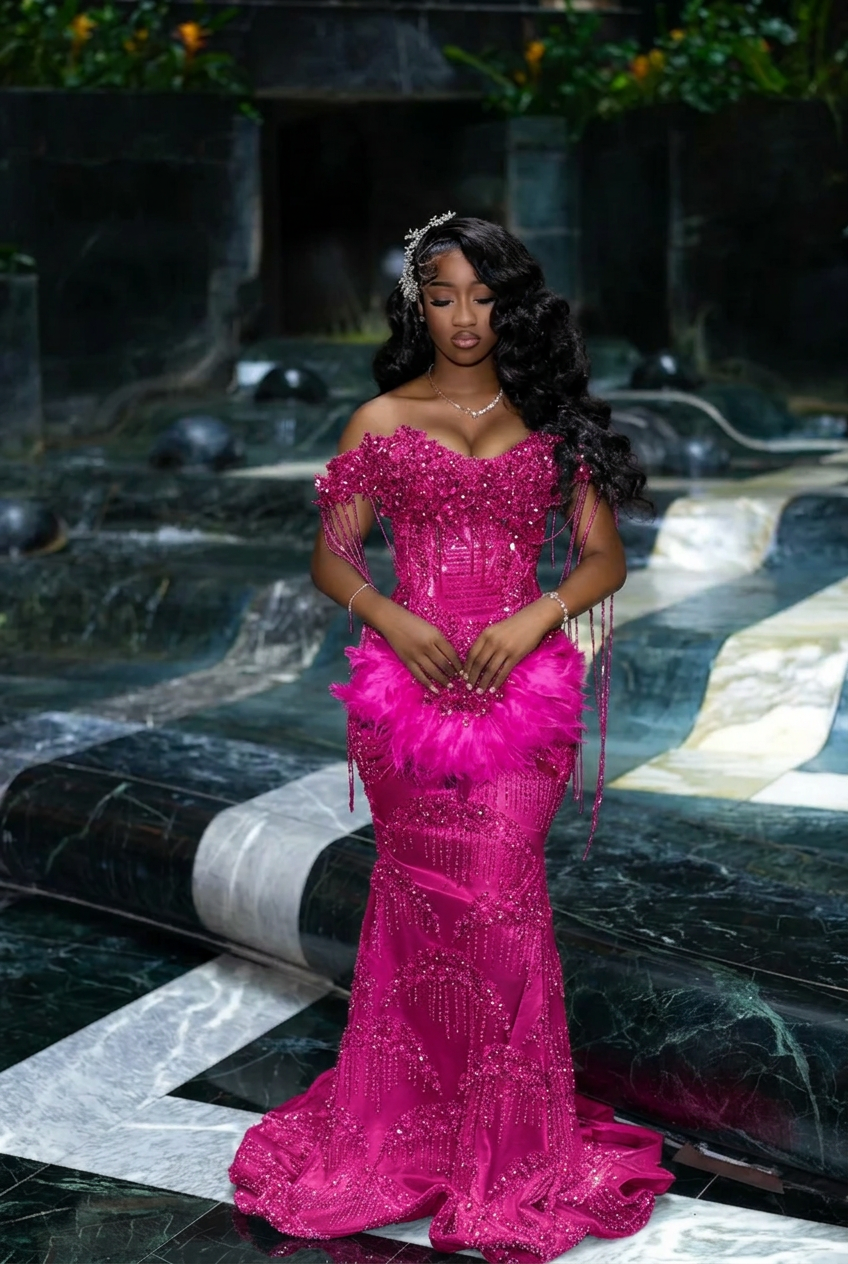 Fuchsia off-the-shoulder rhinestone mermaid prom dress