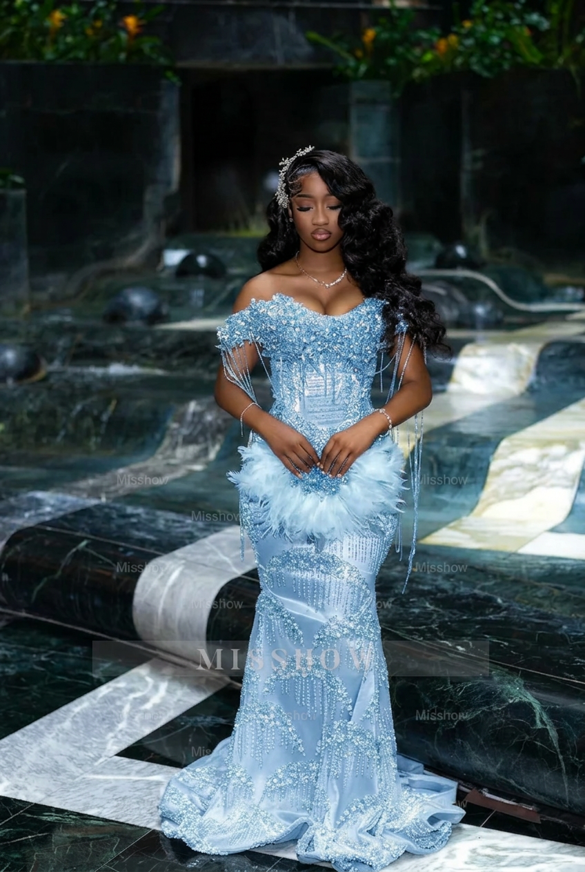 Light blue off-the-shoulder rhinestone mermaid prom dress