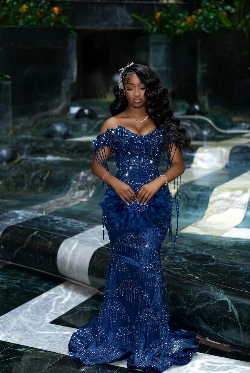 Dark navy off-the-shoulder rhinestone mermaid prom dress